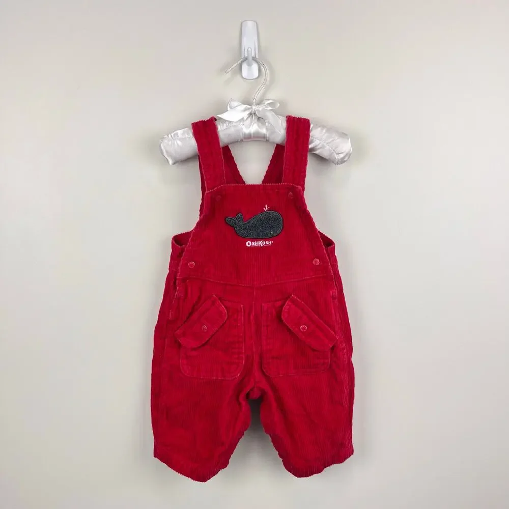 Vintage OshKosh B'gosh Red Corduroy Applique Whale Overalls 3-6 Months